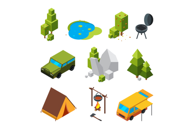 Isometric pictures of camping. Garden, stones and rocks, tent