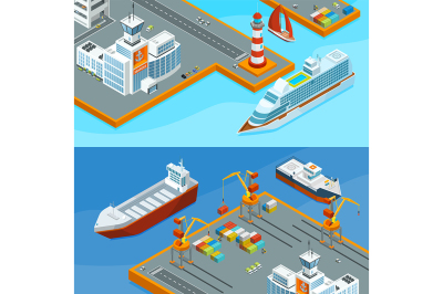 Horizontal vector banners with sea ships in port