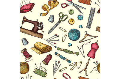 Fashion seamless pattern with pictures of industrial tools for needlew