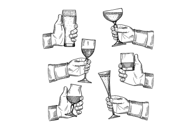 Illustrations of different alcoholic drinking glasses in hands