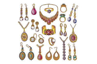 Colored hand drawn pictures of luxury vintage jewelry