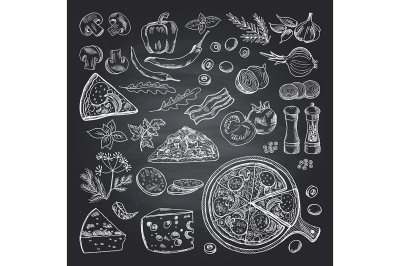 Illustrations of pizza ingredients on black chalkboard