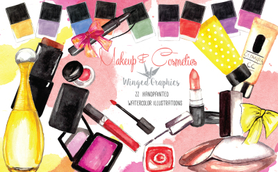 Makeup and Cosmetics: watercolor illustration set