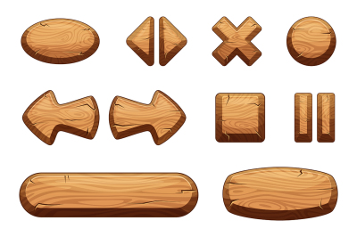 Wooden buttons set for game ui. Vector cartoon illustrations