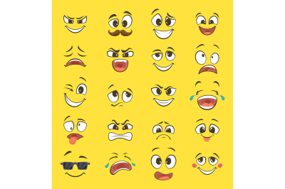 Cartoon emotions with funny faces with big eyes and laughter