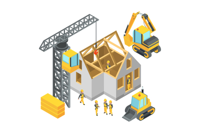 Building under construction. Isometric pictures set