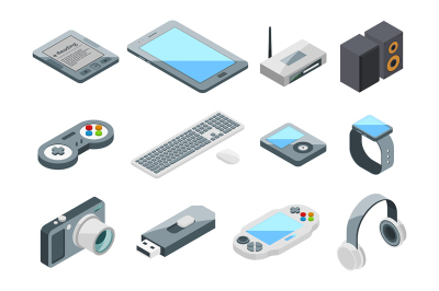 Different electronic gadgets collection. Isometric technology symbols