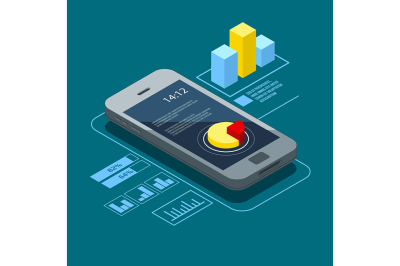 User interface on smartphone. Infographic elements in isometric style