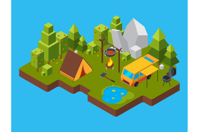 3d isometric landscape with camping in the forest. Outdoor fireplace