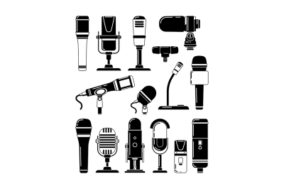 Vector monochrome illustrations of microphones 