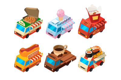 Vector isometric pictures set of different food trucks on the street