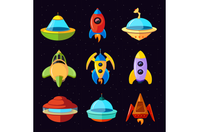 Cartoon vector fantastic ufo, spaceships and rockets vector set