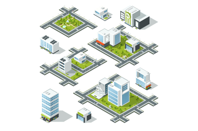 Isometric city 3d vector illustration with office buildings