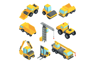 3d transport for construction industry. Vector isometric cars isolate