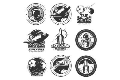 Vintage space, astronautics, shuttle flight vector labels, logos