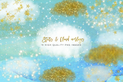 Gold cloud Clipart, silver star clip art png, Watercolor overlays
