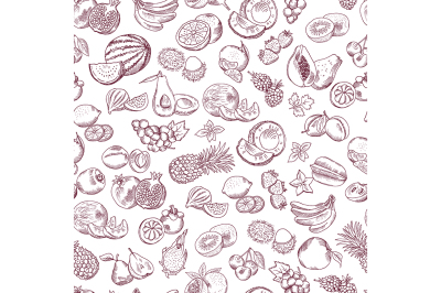 Vector seamless pattern of doodle fruits on white background