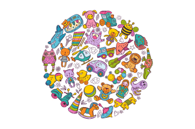 Childrens toys icon set in circle shape