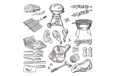 Bbq vector hand drawn illustration set