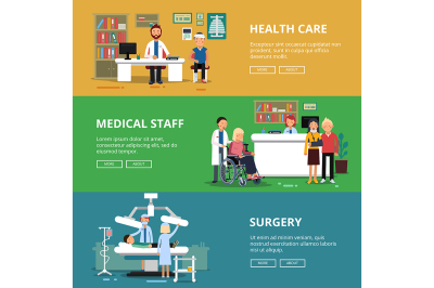 Three horizontal vector banners of healthcare concept pictures