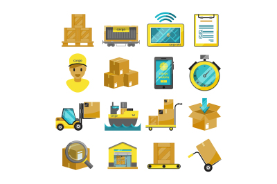 Container boxes, trucks, ships and other cargo icons