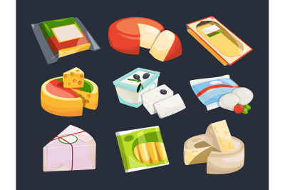 Different packaging of cheeses. Vector illustration set