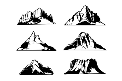 Monochrome mountains vector silhouettes. Snowy mountain ranges