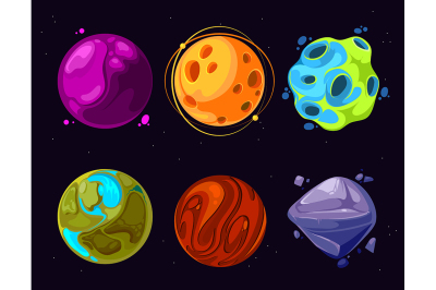 Space planets, asteroid, moon, fantastic world game vector cartoon 