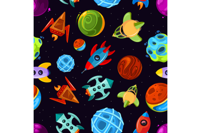 Space vector seamless pattern with spaceships, stars, planet 