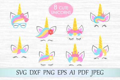 Unicorn SVG, Unicorn face cut files, Unicorn heads cliparts, DXF, PNG