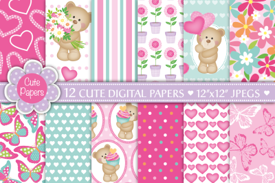 Mothers Day digital papers, Cute bear patterns, Mothers Day, Floral, H