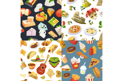 Big seamless pattern set with different worldwide cuisines 