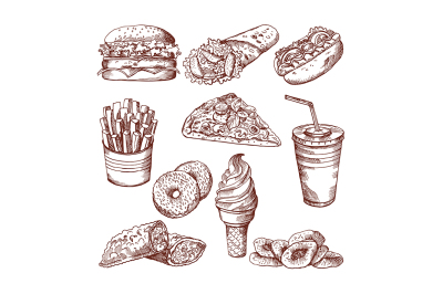 Fast food restaurant. Vector hand drawn pictures of burger french frie