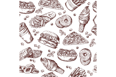 Fast food vector seamless pattern. Hand drawn illustration of hamburge