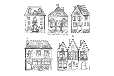 Funny doodle houses. Hand drawn vector illustration set