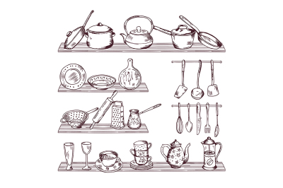 Kitchen wooden shelves with different tools