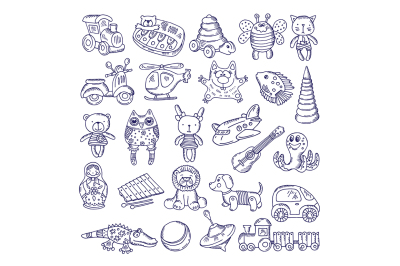 Vector drawing vintage collection of toys. Children games