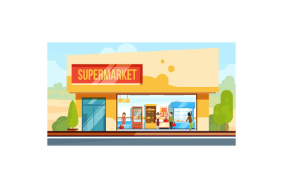 Supermarket in front view with shopping people in checkout line