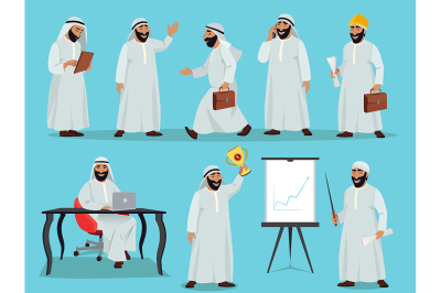 Different poses of arab businessman. Character design in flat style