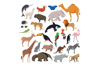 Big vector set with wild cute animals isolate on white background