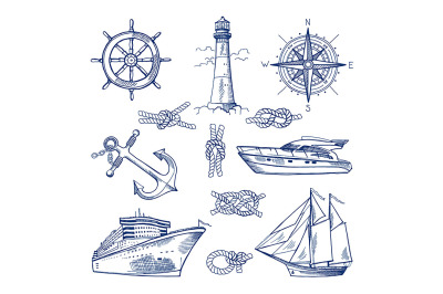 Marine doodles set with ships, boats and nautical anchors