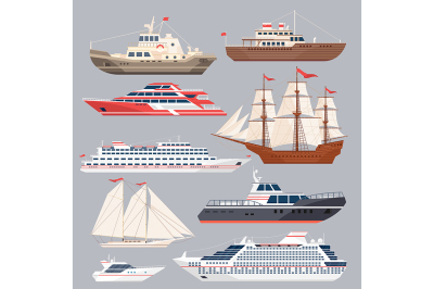 Set of different vessels. Sea boats and other big ships