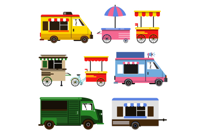 Set of food trucks and bicycles for commercial use