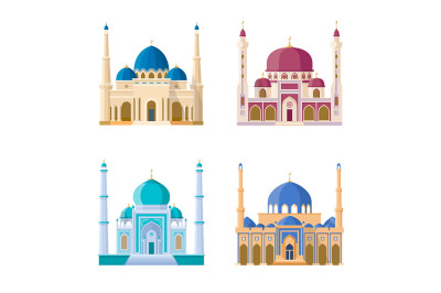 Vector set of four mosques. Arabic religion buildings