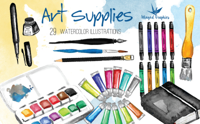 Art supplies: watercolor illustration