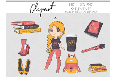 Cute Planner Girl Clipart, Coffee Clip Art, Books illustration Shoes