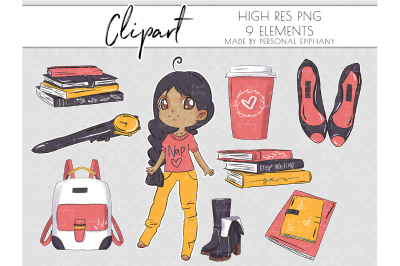 Cute Planner Girl Clipart, Dark Skin Clip Art, Books illustration PNG
