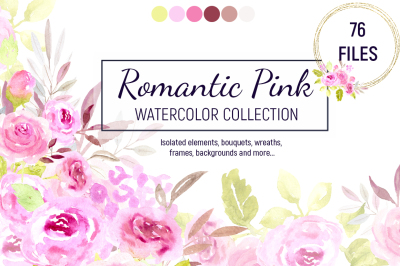 Romantic Pink. Roses Watercolor Collection