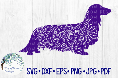 Long Haired Dachshund Mandala, Weiner Dog, SVG/DXF/EPS/PNG/JPG/PDF