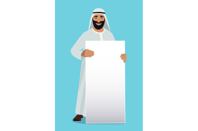 Empty white banner in hands of arabic businessman